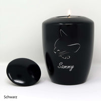 Katzenurne mit Teelichteinsatz mit schlafender Katze Schwarz