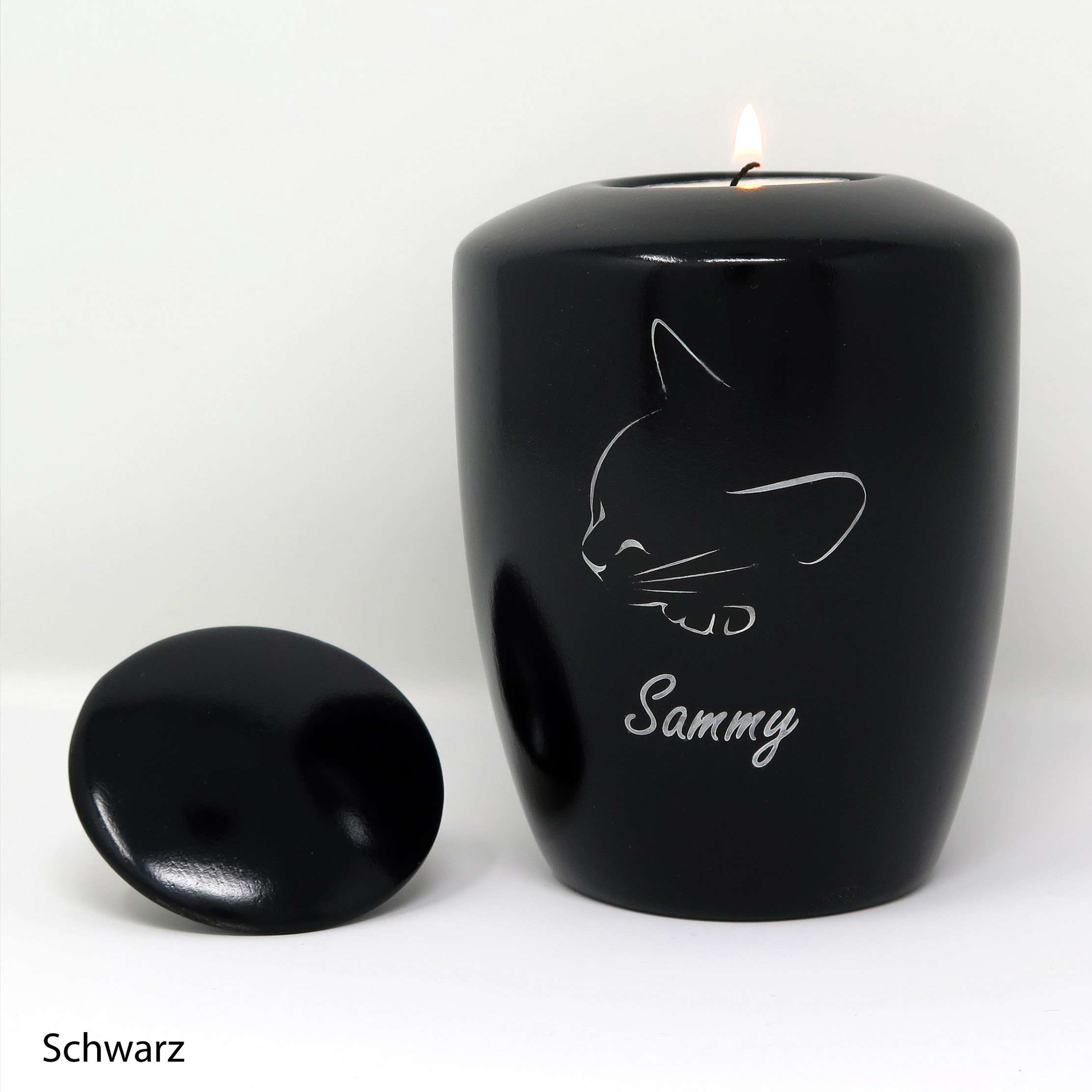 Katzenurne mit Teelichteinsatz mit schlafender Katze Schwarz