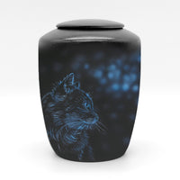 Schwarze Katzenurne mit Teelichteinsatz und Katzenmotiv