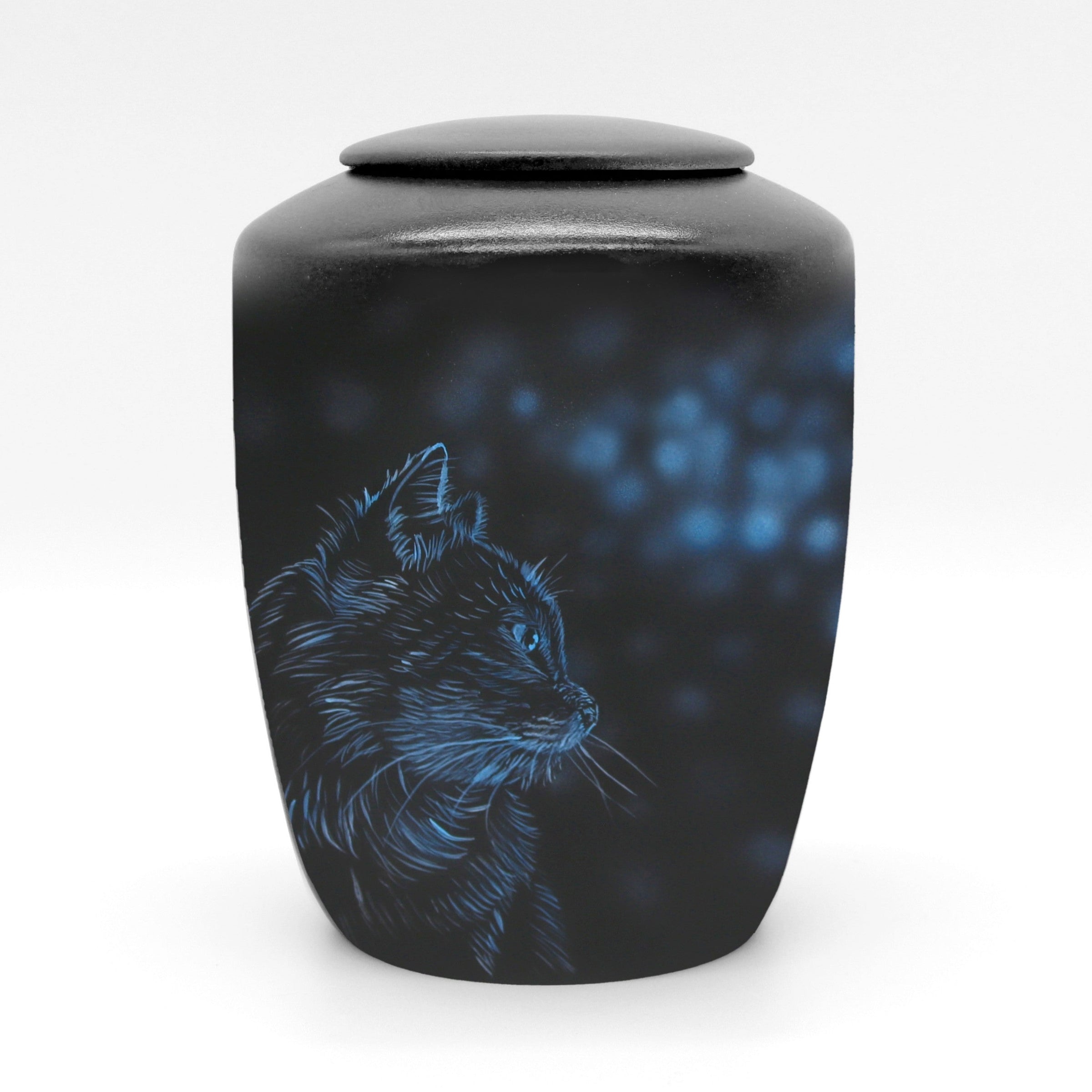 Schwarze Katzenurne mit Teelichteinsatz und Katzenmotiv