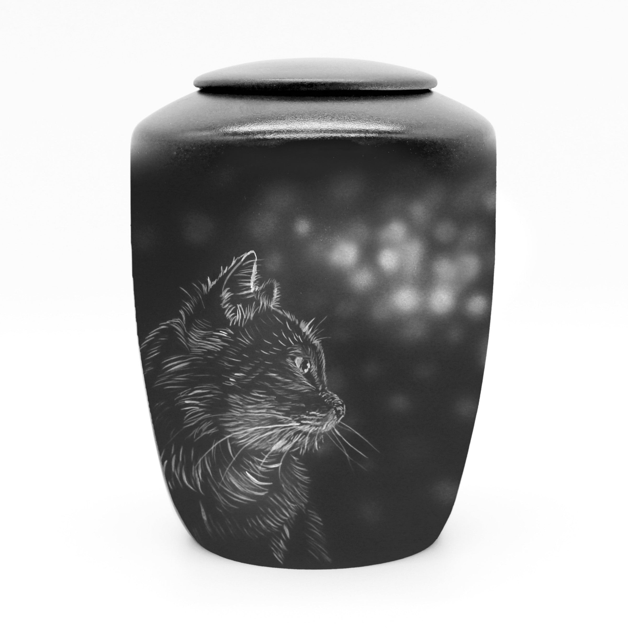 Schwarze Katzenurne mit Teelichteinsatz und Katzenmotiv