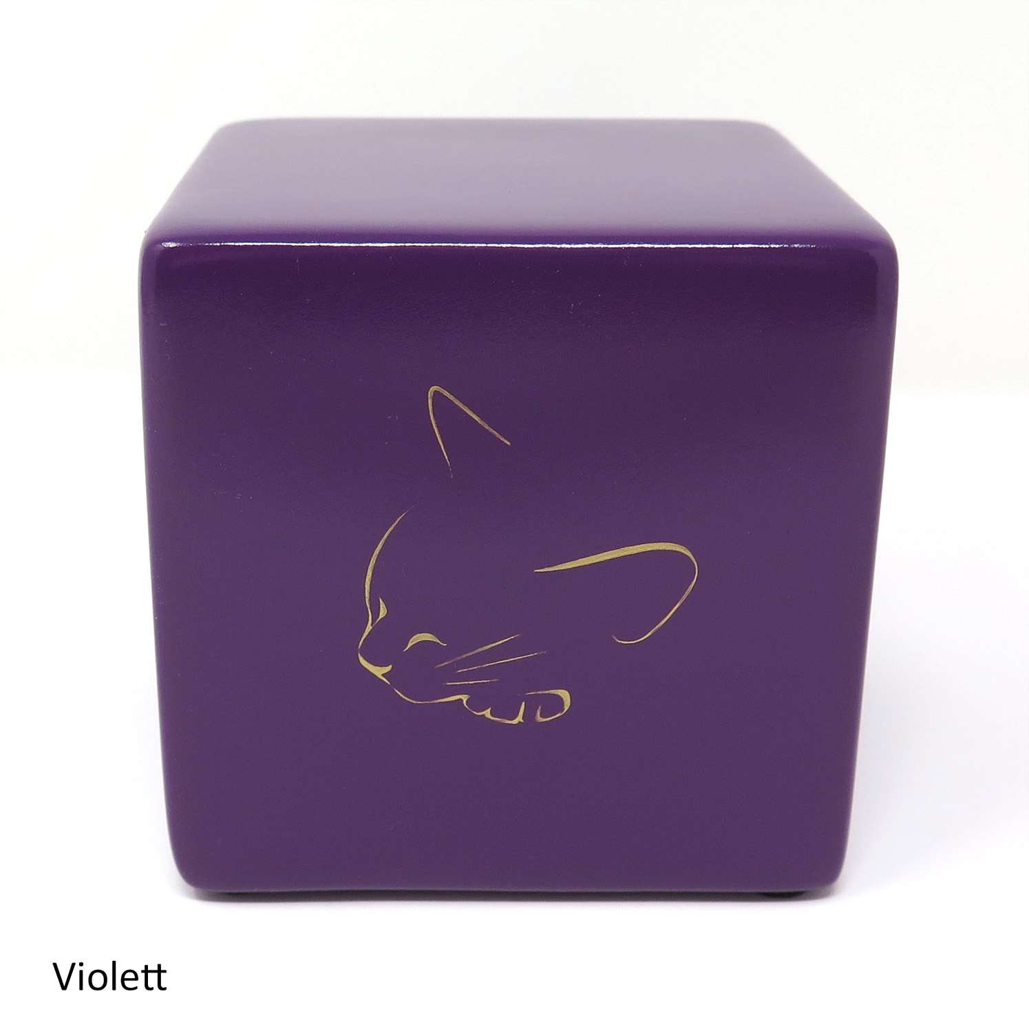 Tierurne in Würfelform mit einer schlafenden Katze bemalt Violett