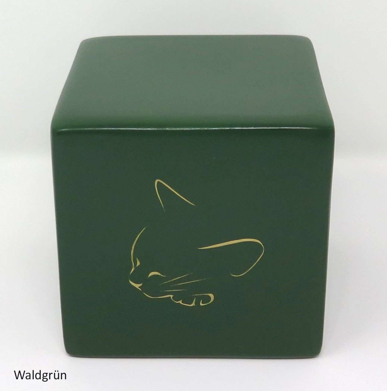 Tierurne in Würfelform mit einer schlafenden Katze bemalt Waldgrün