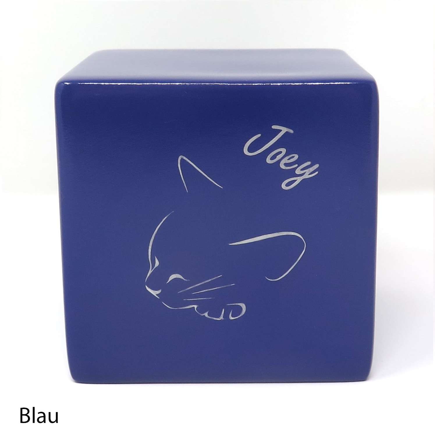 Tierurne in Würfelform mit einer schlafenden Katze bemalt Blau