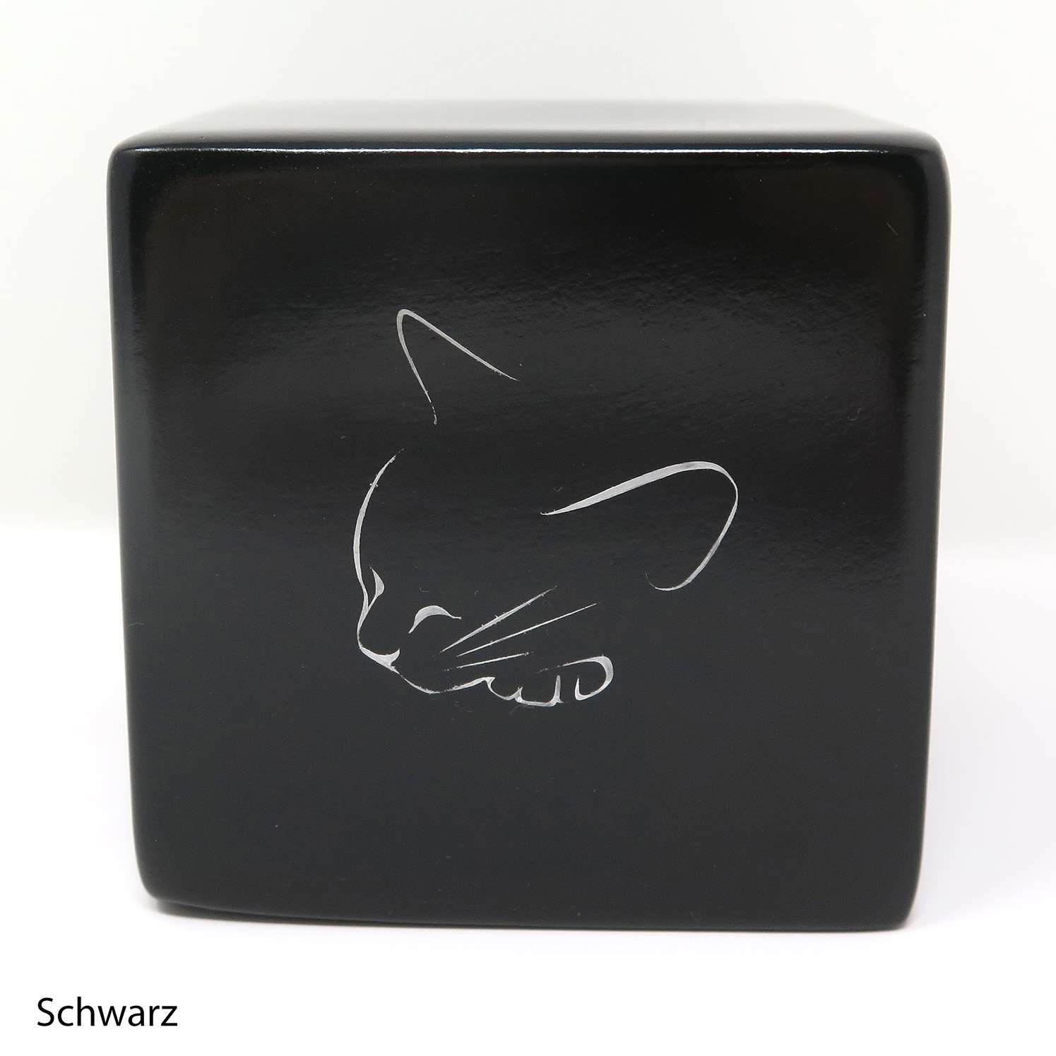Tierurne in Würfelform mit einer schlafenden Katze bemalt Schwarz